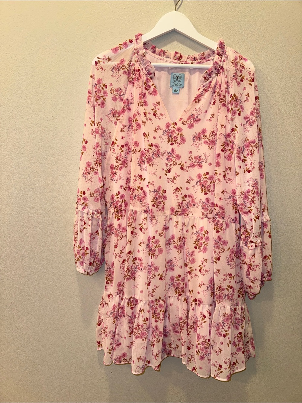 CeCe Pink Floral Ruffle Tier Dress